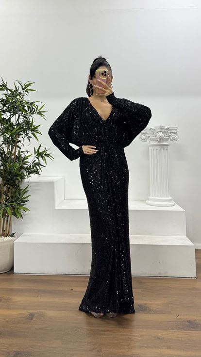 Siyah Pul Payet V Yaka Özel Tasarım Abiye Elbise